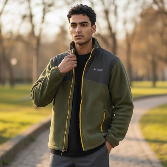 Columbia Full Zip Fleece Jacket Men’s XL Green Gray Outdoor Hiking Gorpcore - Picture 1 of 12